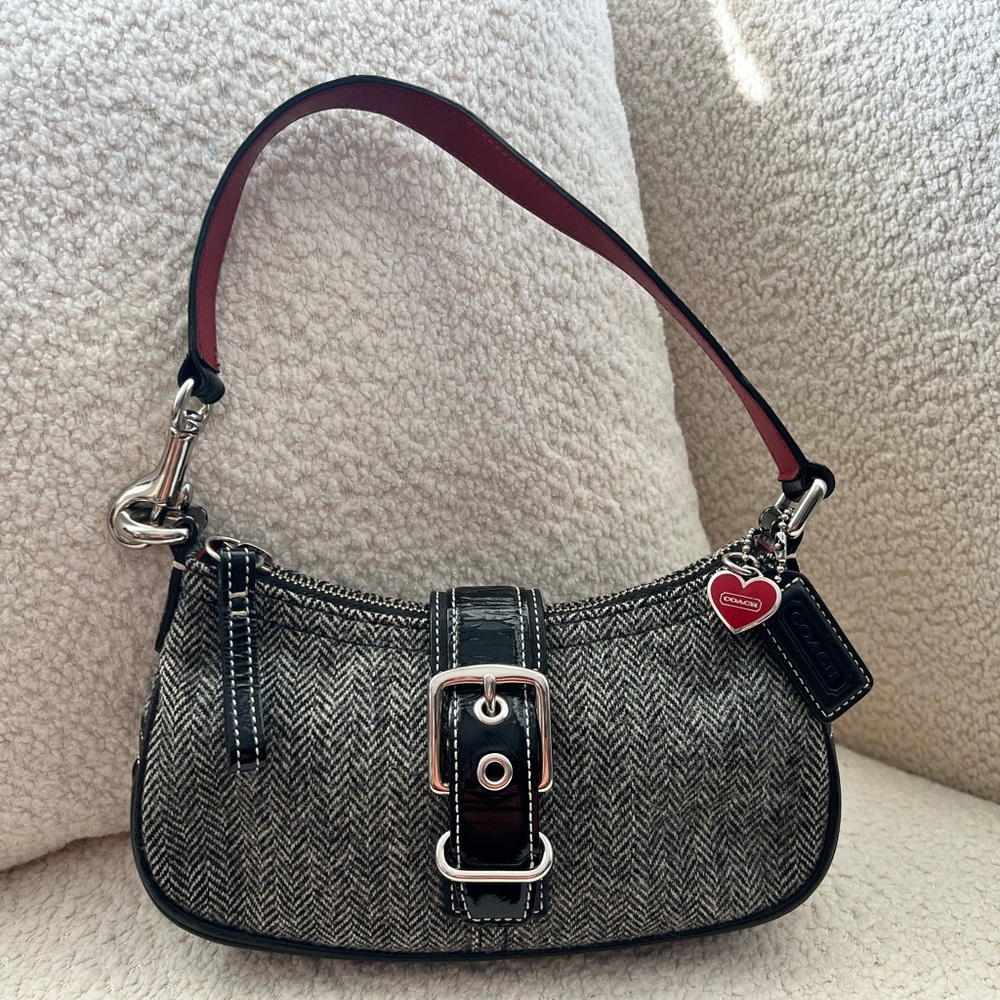 Vintage Coach Wool Herringbone Shoulder Bag Patent Leather Trim Heart Charm